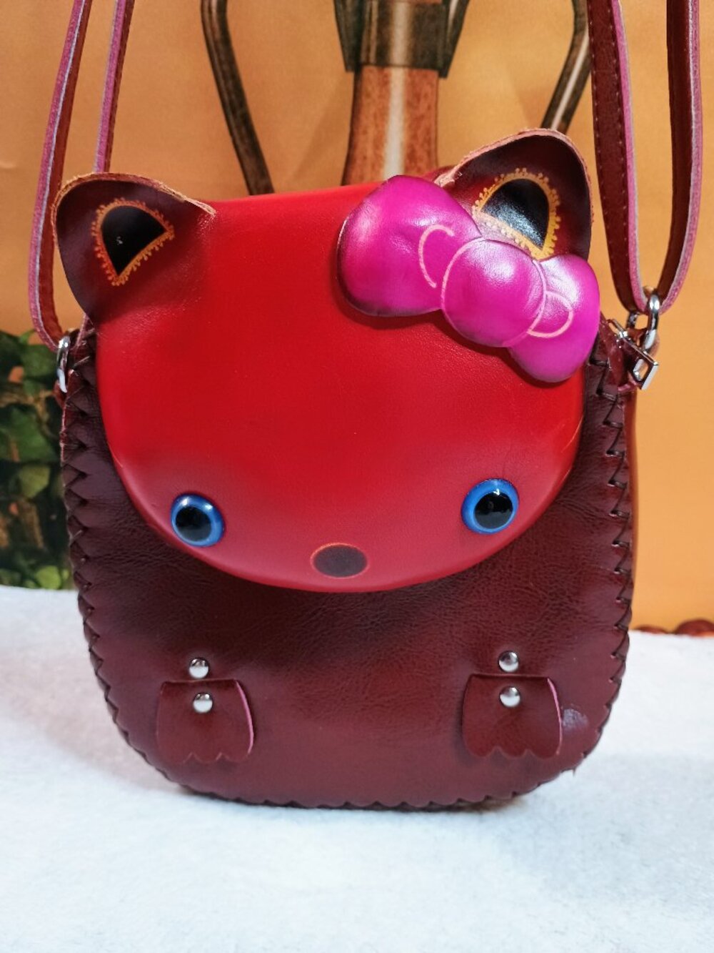 EUC Handmade Tooled Leather Red & Maroon Cat Novelty Crossbody Bag Small